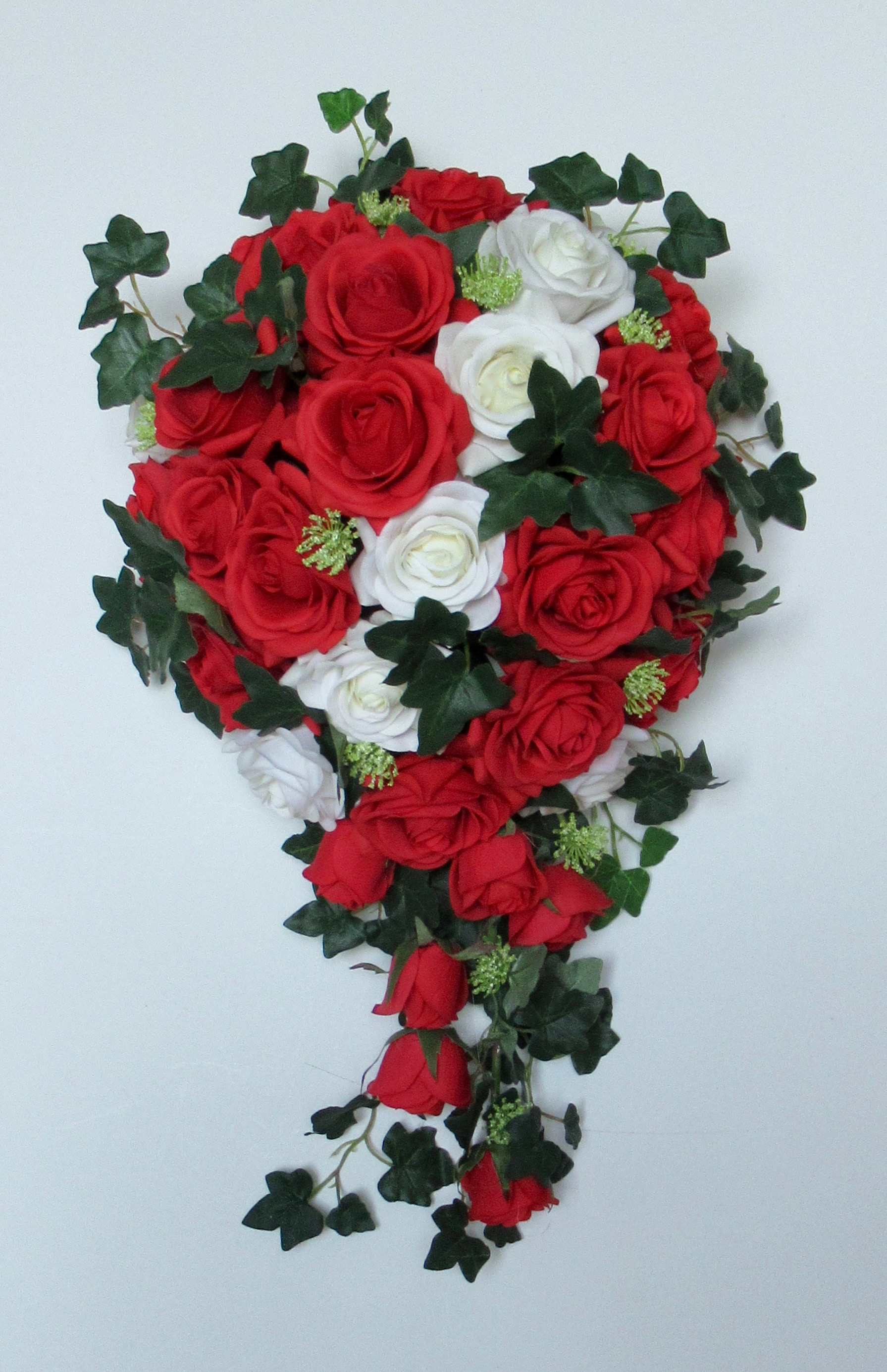 Red & White Brides Bouquet Lifelike Fresh Touch Roses